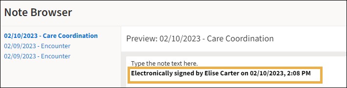 Note Browser window showing electronically signed date and time stamp with a yellow highlight box around it.